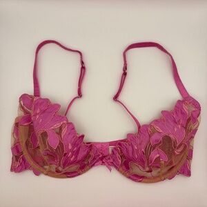 Fleur du Mal Lily Embroidery Pink Sheer Mesh Underwire Bra 34D Luxury